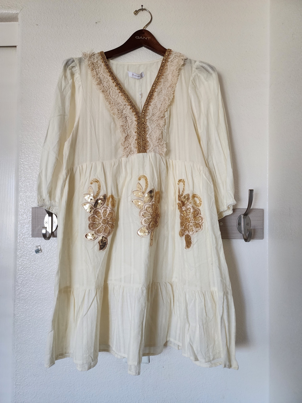 ADDCONFDT Gold Sequin Crochet Boho Mini Dress S NWT